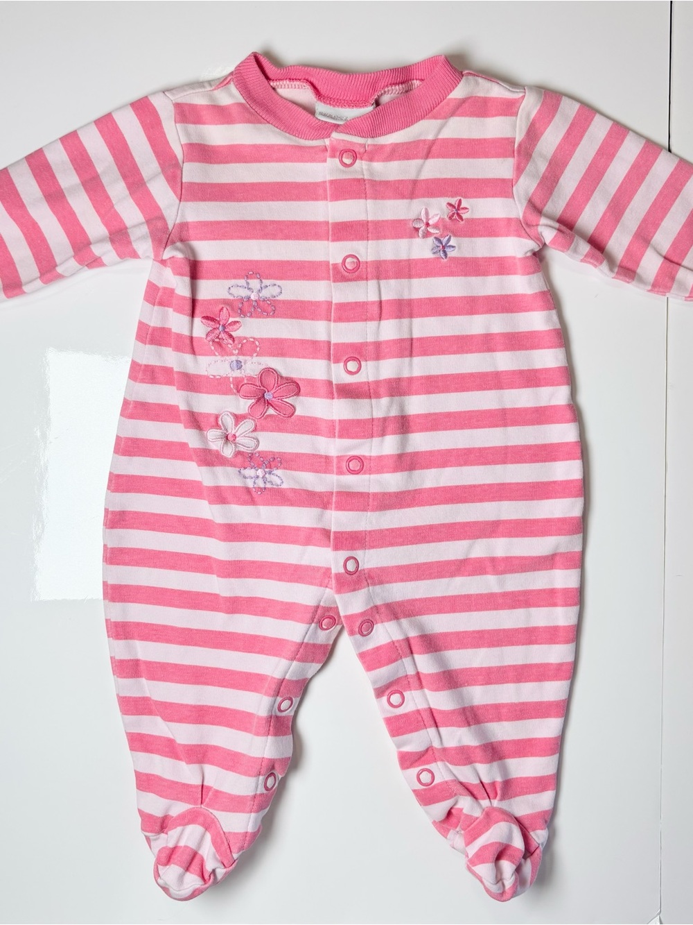 Vintage 90s Sears Baby Pink Striped Floral Sleeper Embroidered Fairy Cottagecore